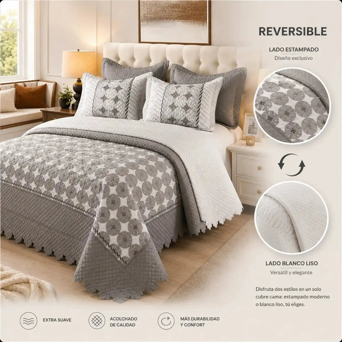 Cubrecama King de Casa Eterna con diseño geométrico acolchado en gris, 5 piezas para cama tamaño king.