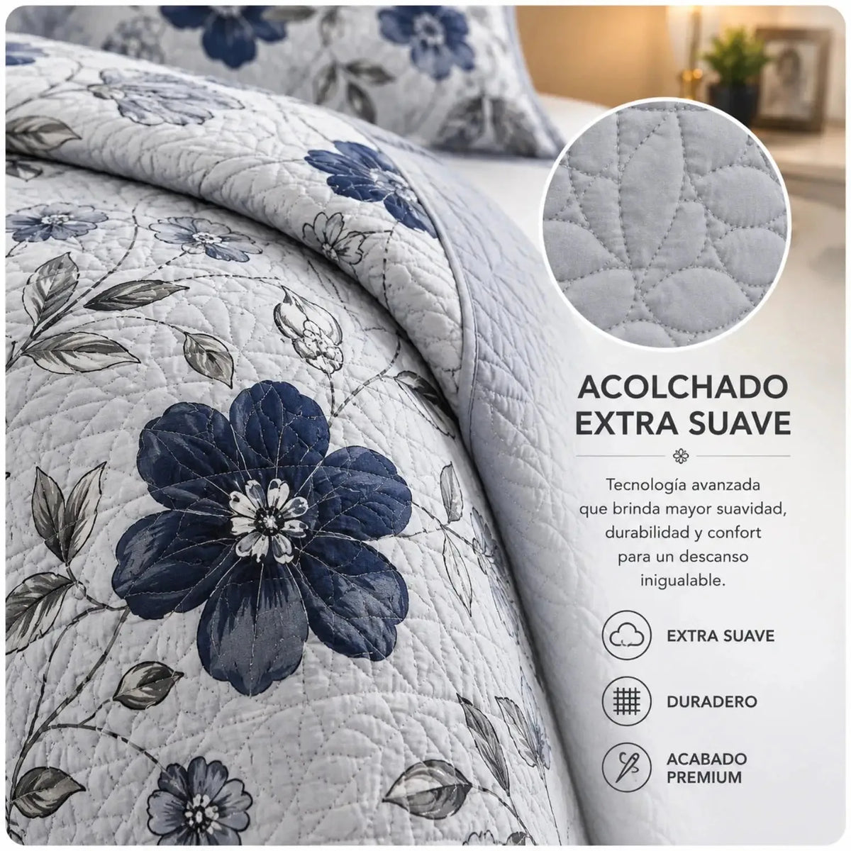 Cubrecama quilt de cama king de 5 piezas con bordado de flores azules, de la marca Casa Eterna, en tonos suaves y elegantes.