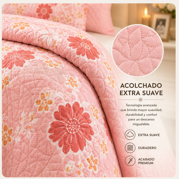 Cubrecama Quilt Bordado King 5 Piezas Flores Rosadas