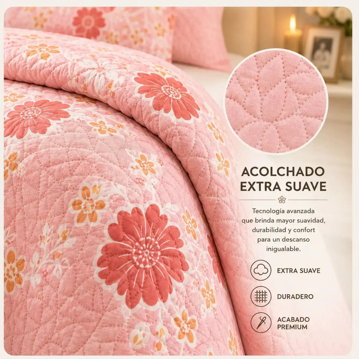 Cubrecama quilt bordado king de 5 piezas con flores rosadas, de la marca Casa Eterna, mostrando el diseño floral en tonos suaves.