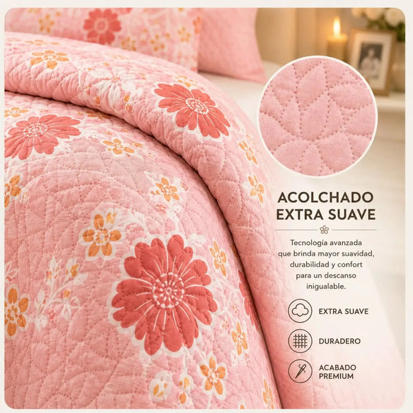 Cubrecama quilt bordado king de 5 piezas con flores rosadas, de la marca Casa Eterna, mostrando el diseño floral en tonos suaves.