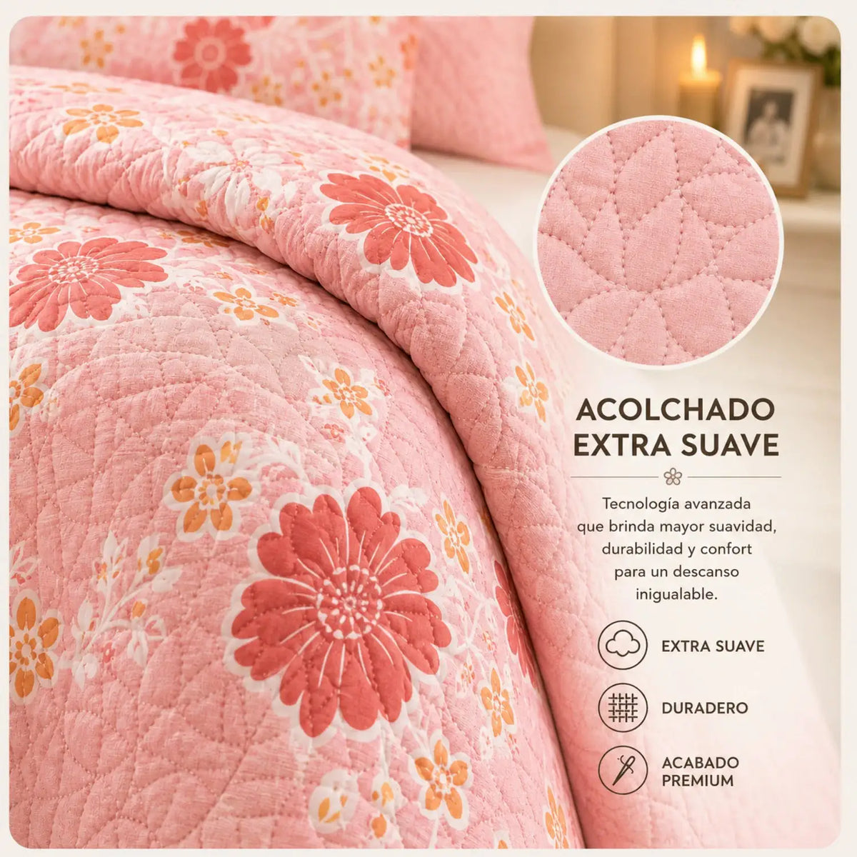 Cubrecama quilt bordado king de 5 piezas con flores rosadas, de la marca Casa Eterna, mostrando el diseño floral en tonos suaves.