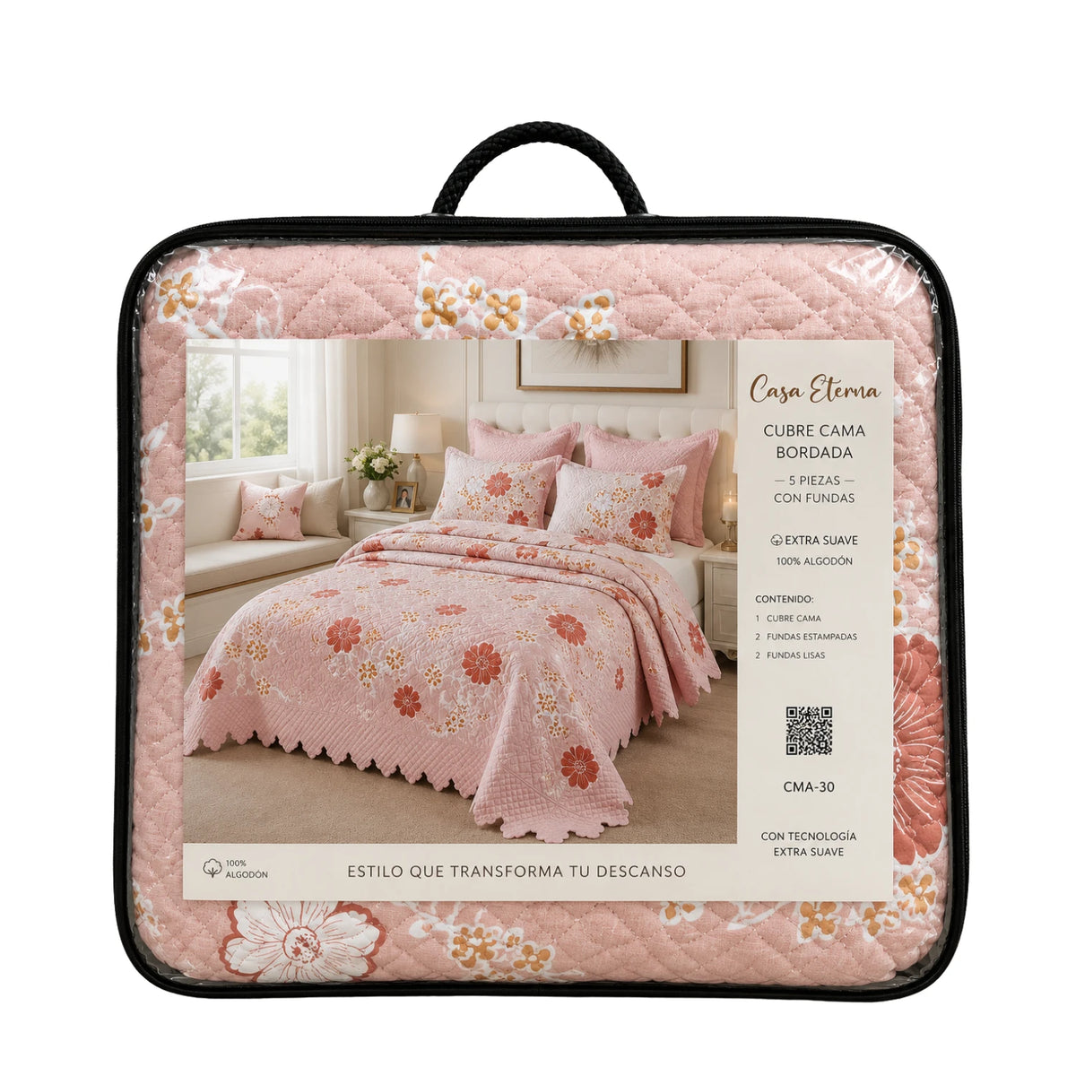 Cubrecama Quilt Bordado King 5 Piezas Flores Rosadas
