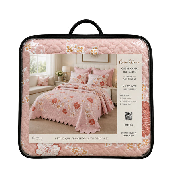 Cubrecama Quilt Bordado King 5 Piezas Flores Rosadas