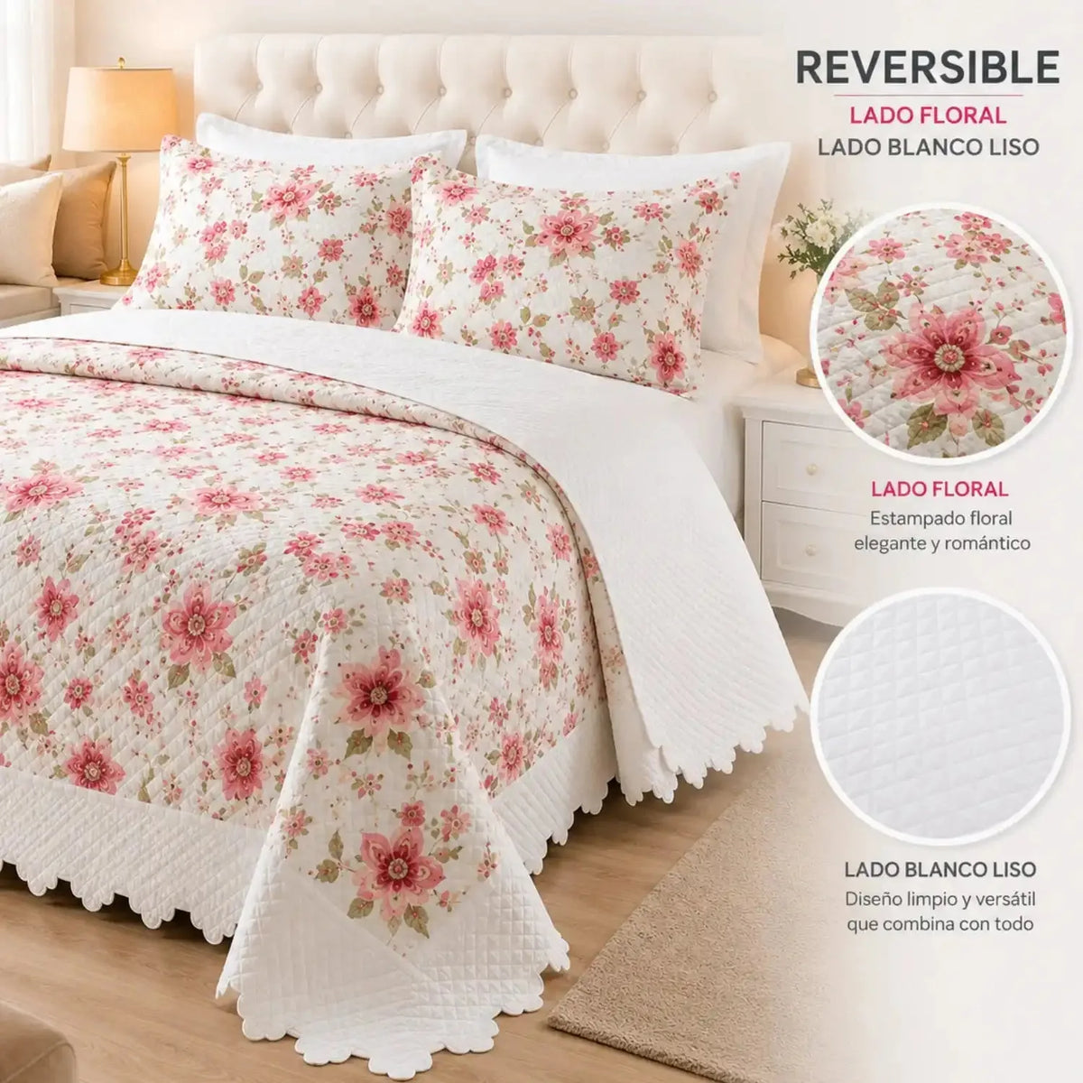 Cubrecama quilt bordado floral rosa de 5 piezas, reversible y de tamaño king, de la marca Casa Eterna.