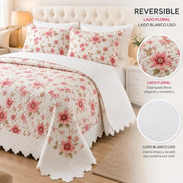 Cubrecama quilt bordado floral rosa de 5 piezas, reversible y de tamaño king, de la marca Casa Eterna.