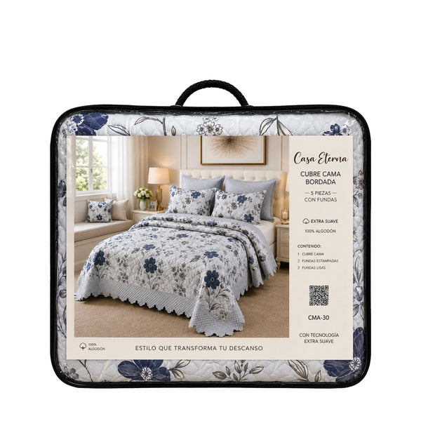 Cubrecama Quilt Bordado King 5 Piezas Flores Azules