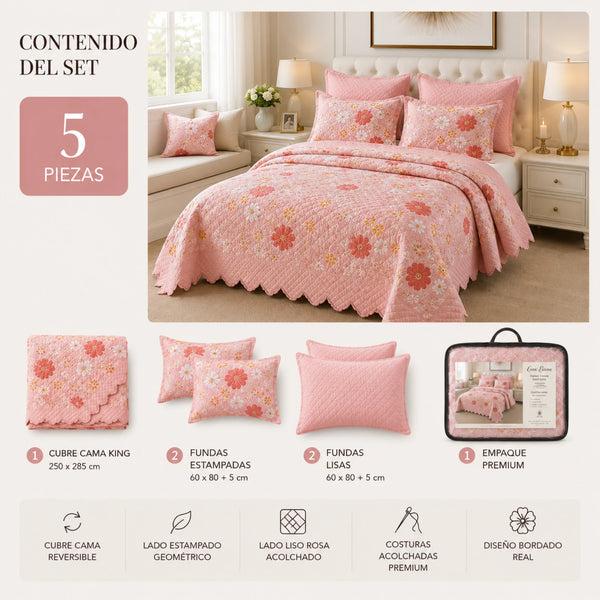 Cubrecama Quilt Bordado King 5 Piezas Flores Rosadas