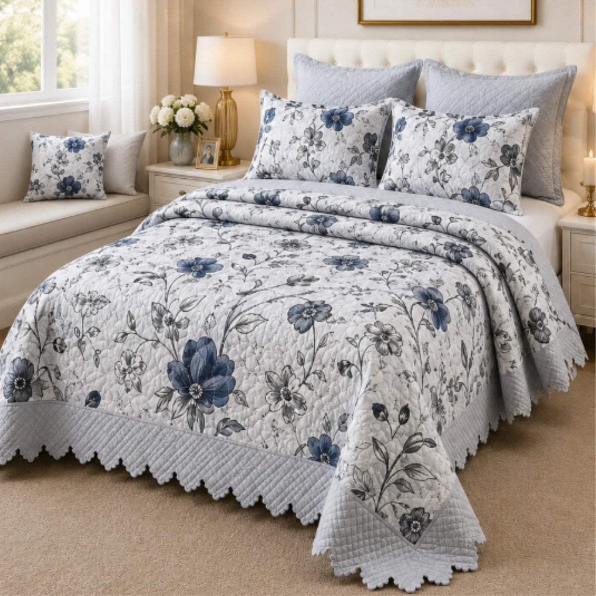 Cubrecama Quilt Bordado King 5 Piezas Flores Azules