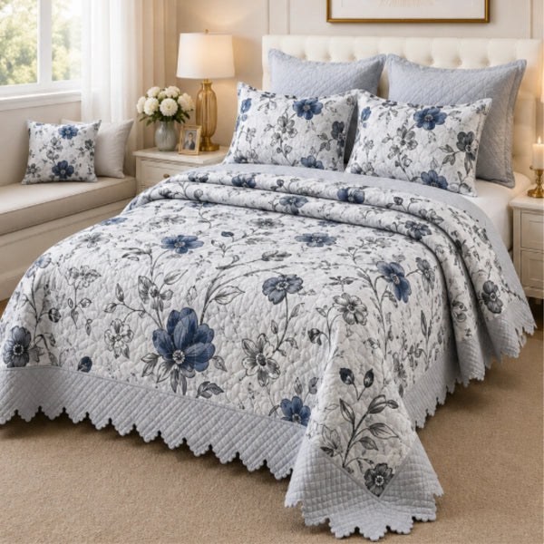 Cubrecama Quilt Bordado King 5 Piezas Flores Azules