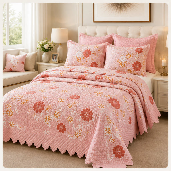 Cubrecama Quilt Bordado King 5 Piezas Flores Rosadas