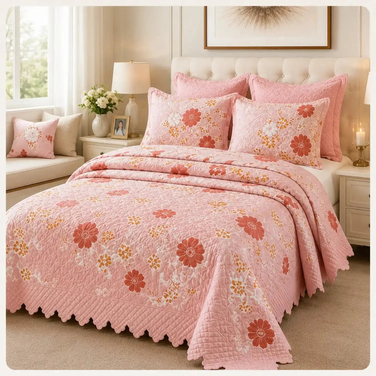 Cubrecama quilt bordado King de 5 piezas con flores rosadas, de la marca Casa Eterna, en empaque premium.