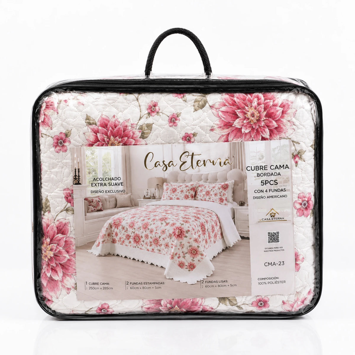 Cubrecama Quilt Bordado King 5 Piezas Floral Rosa