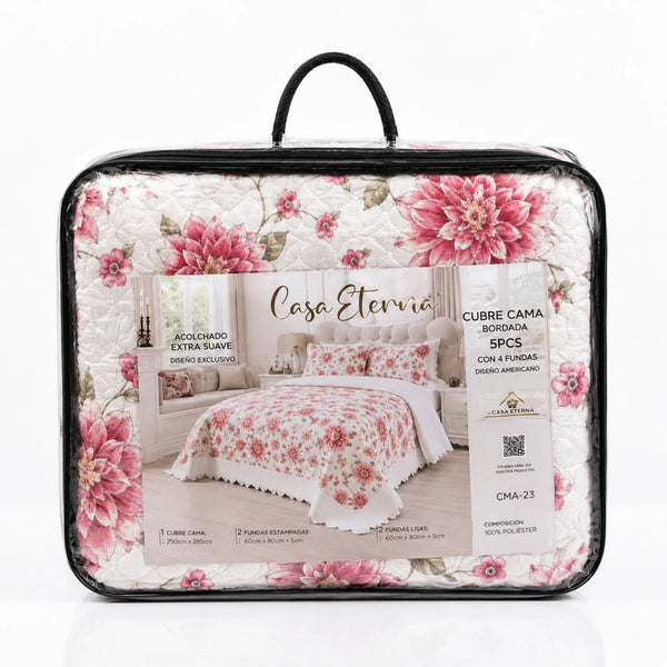 Cubrecama Quilt Bordado King 5 Piezas Floral Rosa