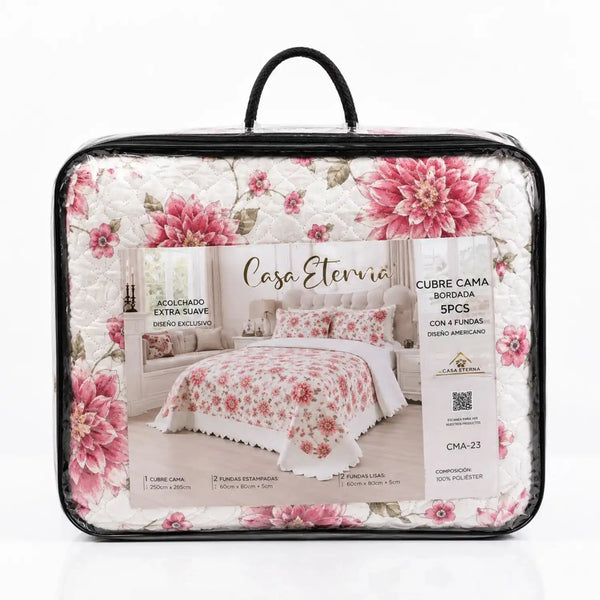 Cubrecama quilt bordado floral rosa King de 5 piezas de Casa Eterna, con diseño reversible y acabado suave.