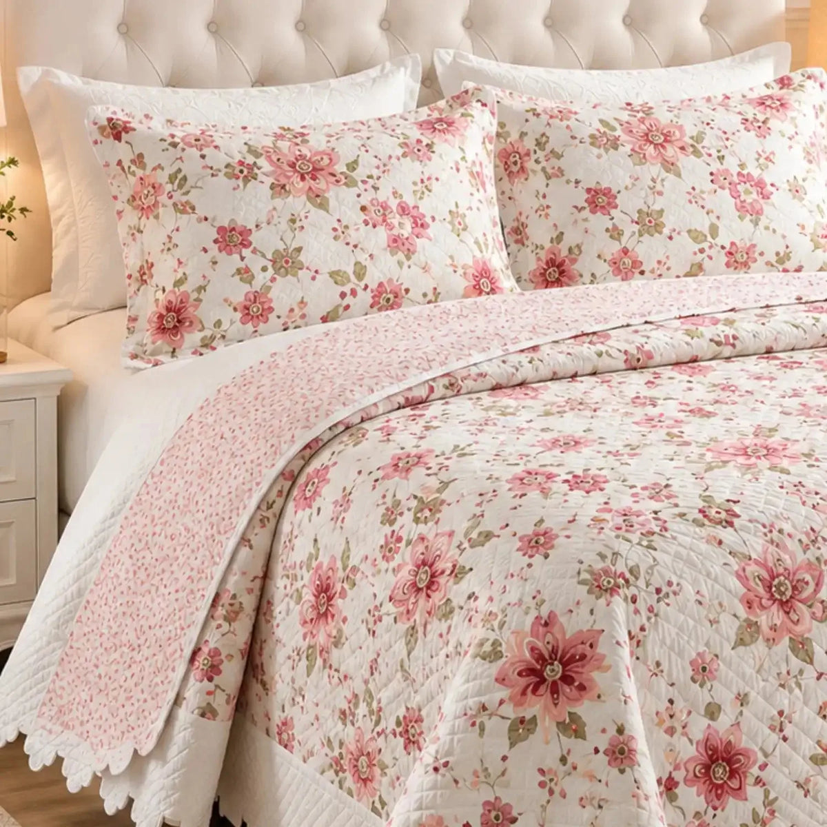 Cubrecama estilo quilt bordado rosa y floral para cama king, de 5 piezas, reversible y decorativo de Casa Eterna.