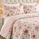 Cubrecama estilo quilt bordado rosa y floral para cama king, de 5 piezas, reversible y decorativo de Casa Eterna.