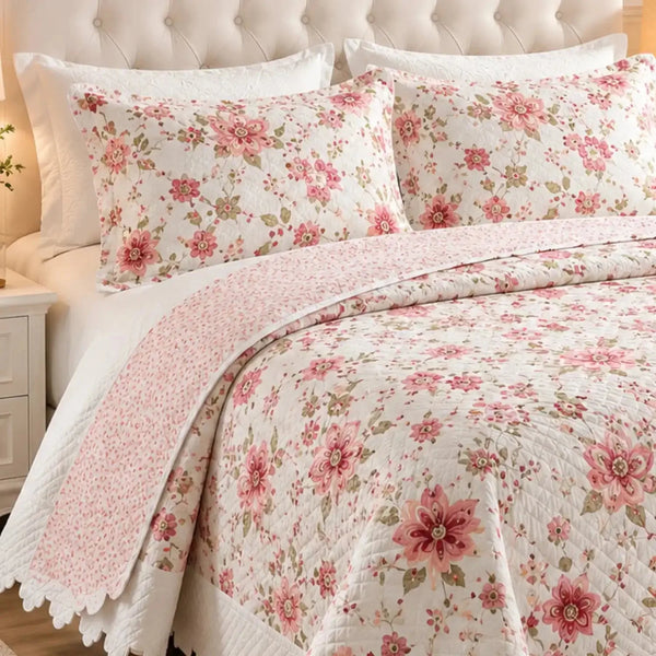 Cubrecama estilo quilt bordado rosa y floral para cama king, de 5 piezas, reversible y decorativo de Casa Eterna.