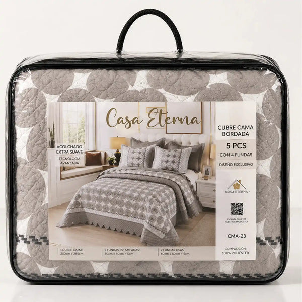 Cubrecama queen de 5 piezas Casa Eterna con diseño reversible gris y patrón geométrico para cama king.