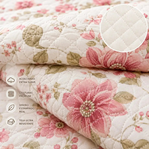 Detalle de cubrecama King de 5 piezas, acolchado y bordado floral rosa de la marca Casa Eterna, para habitación elegante.