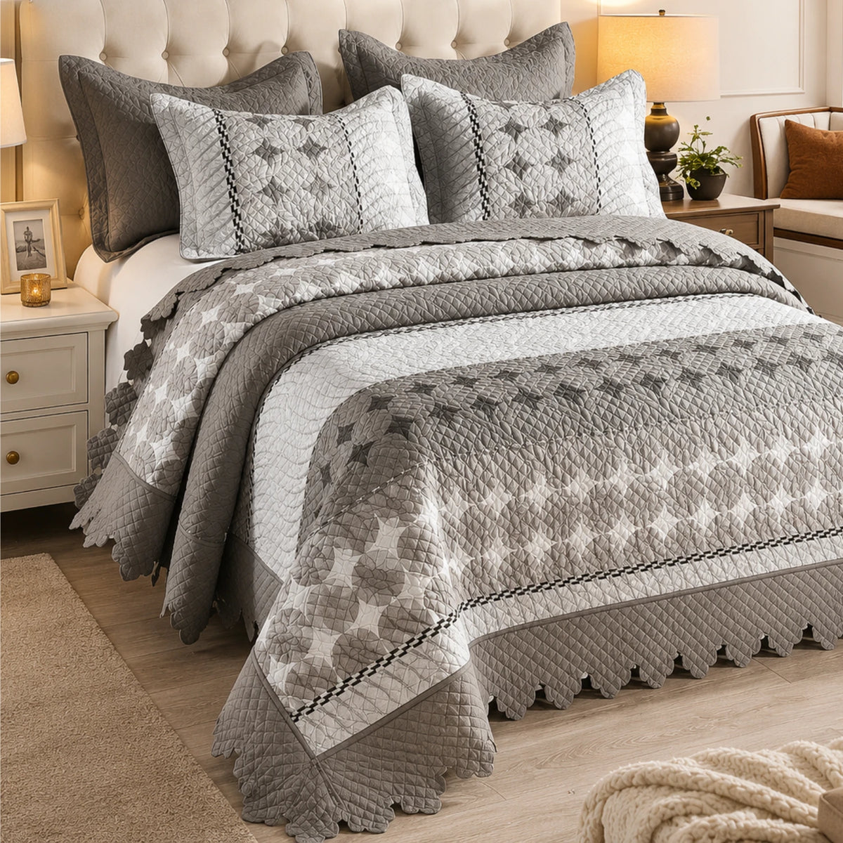 Cubrecama Quilt Bordado King 5 Piezas Geométrico