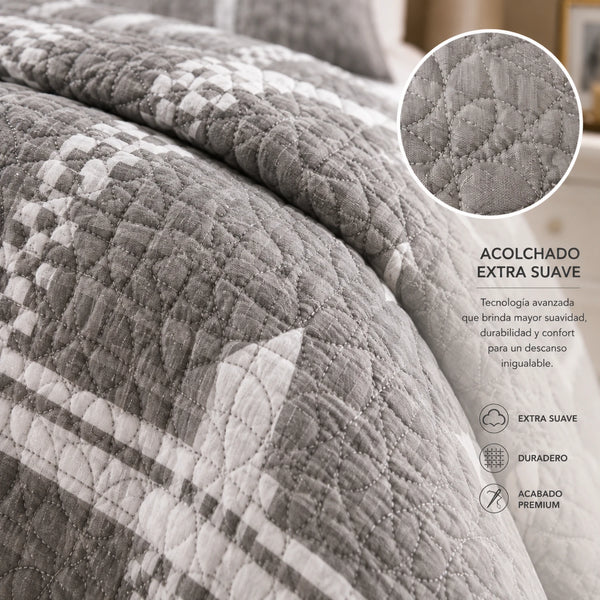 Cubrecama Quilt Bordado King 5 Piezas Geométrico Gris