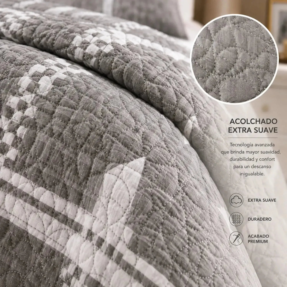 Cubrecama quilt bordado King de 5 piezas en gris con diseño geométrico y textura acolchada, de la marca Casa Eterna.