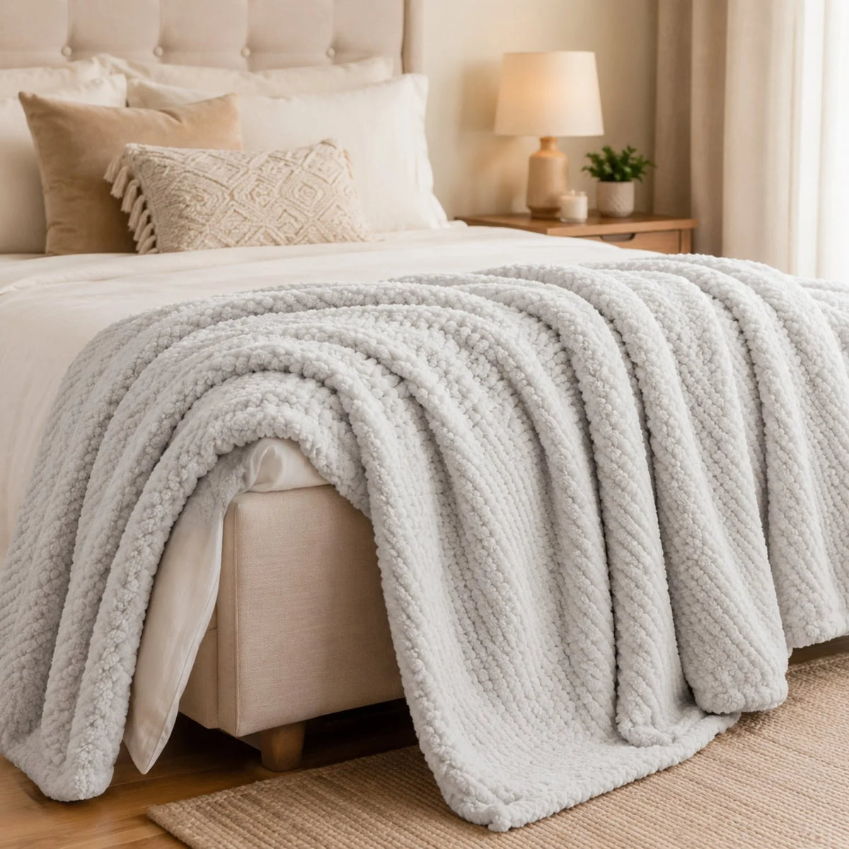 Frazada de manta plush de terciopelo polar Sherpa suave para cama de 1.5 plazas, marca Nature, en color elegante.