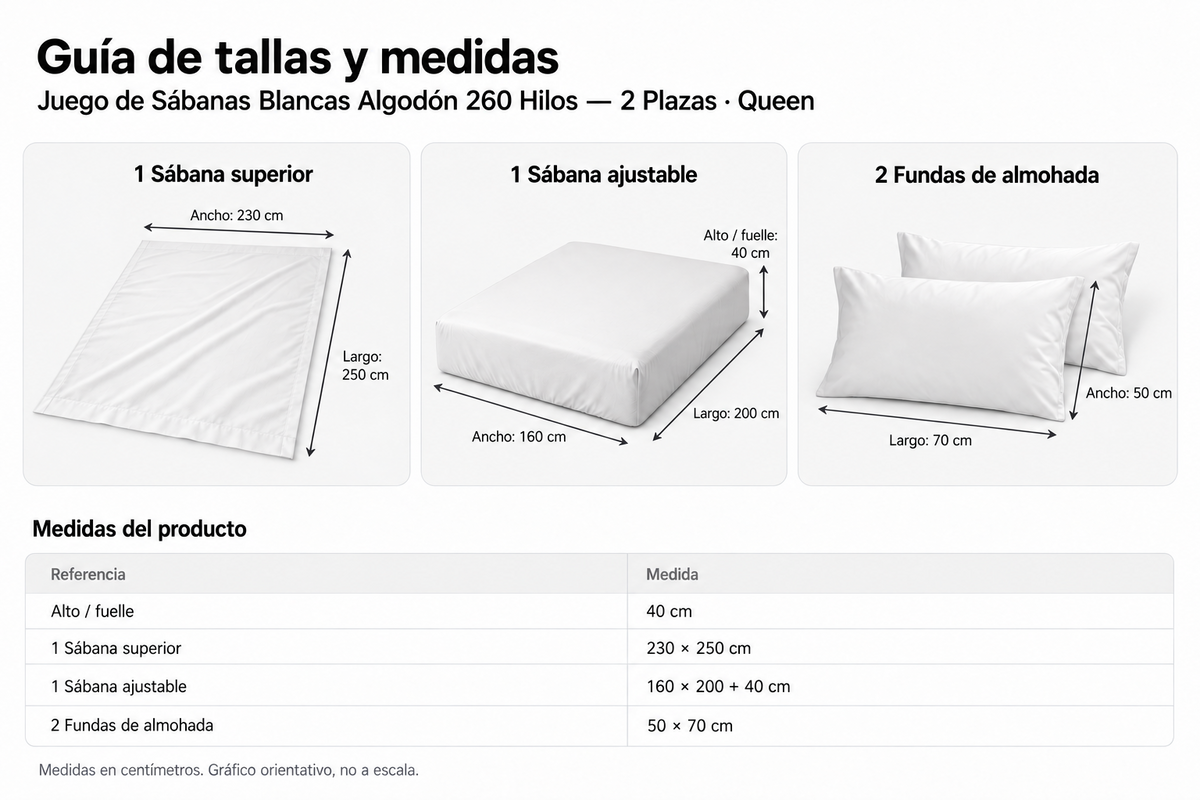 Juego de Sábanas Blancas Algodón 260 Hilos · 2 Plazas