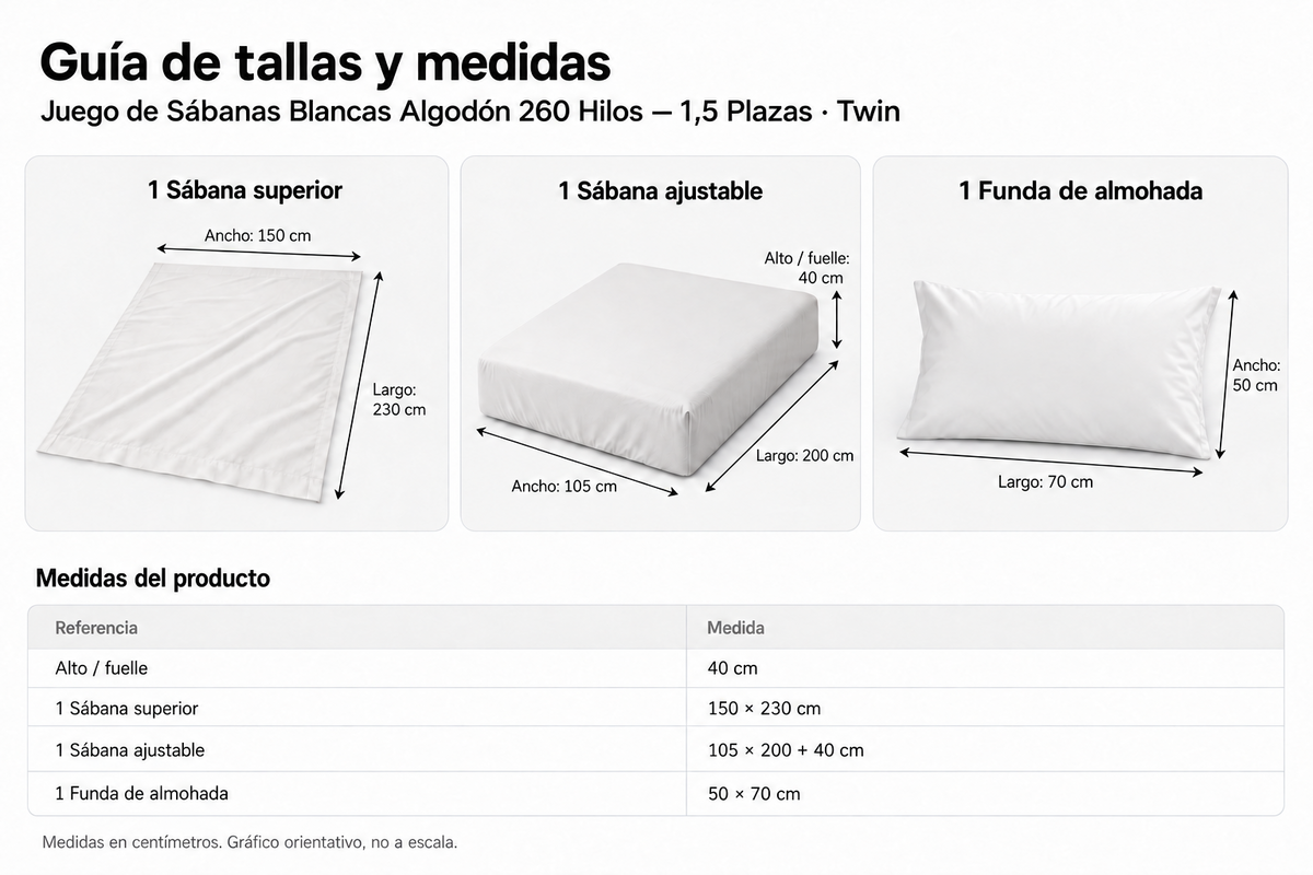 Juego de Sábanas Blancas Algodón 260 Hilos · 1,5 Plazas