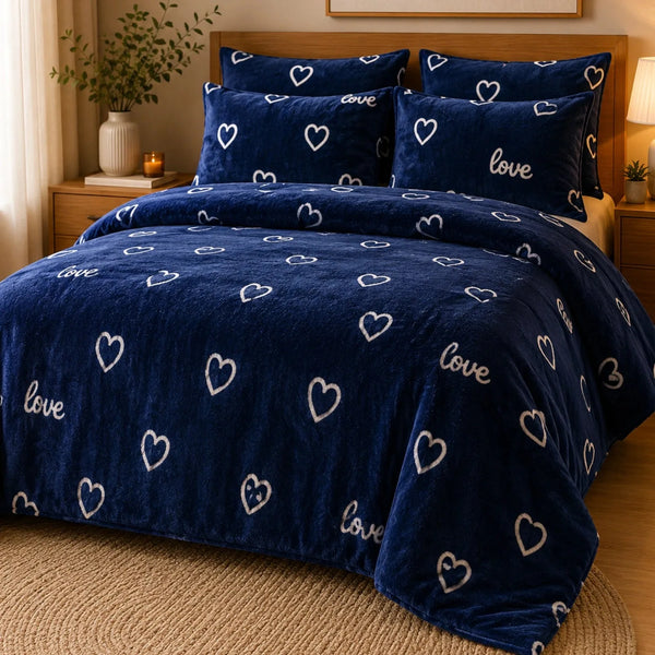 Juego de sábanas polar plush suaves en azul con corazones y 2 fundas, fabricadas por Enigma Store.
