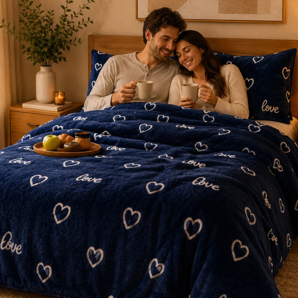 Juego de sábanas polar plush suaves con diseño de corazones en color azul, incluye 2 fundas, de las sabanas turcas Enigma Store.
