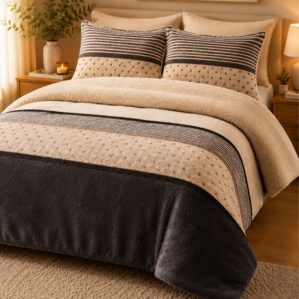 Set de Sábanas Polar Plush Suaves Beige Rayas + 2 Fundas