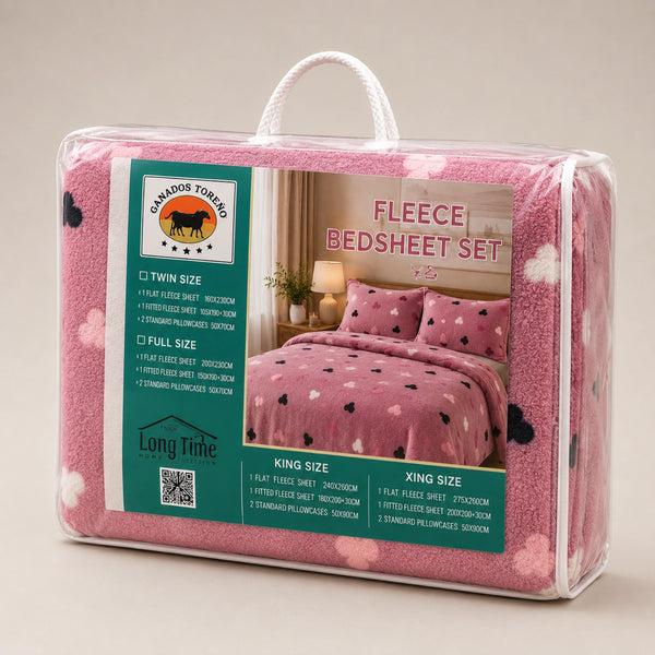 Set de Sábanas Polar Plush Suaves Rosa Corazones + 2 Fundas