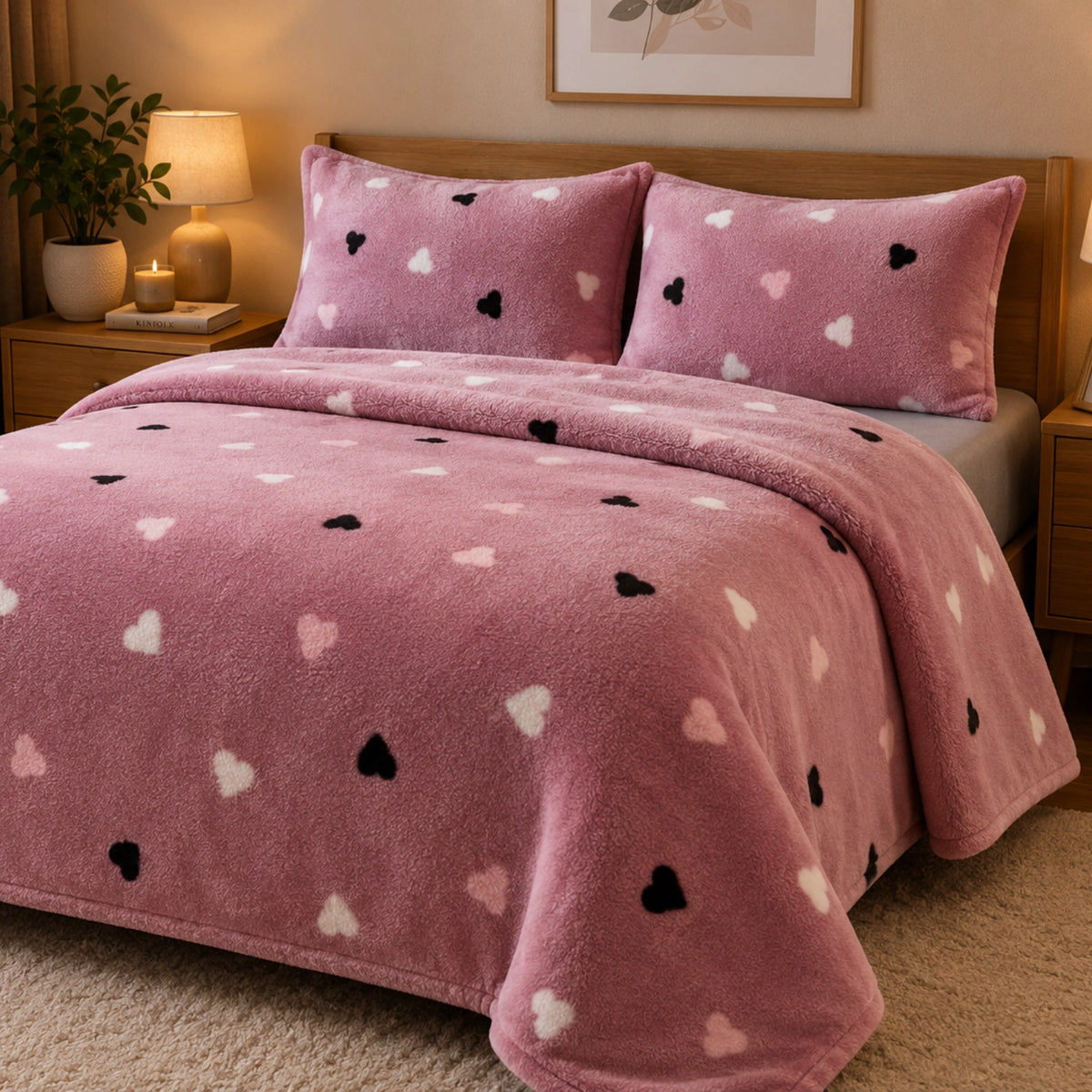 Juego de sábanas Polar Plush rosas con corazones y 2 fundas, sábanas turcas suaves y cálidas de Enigma Store.