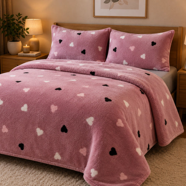 Set de Sábanas Polar Plush Suaves Rosa Corazones + 2 Fundas