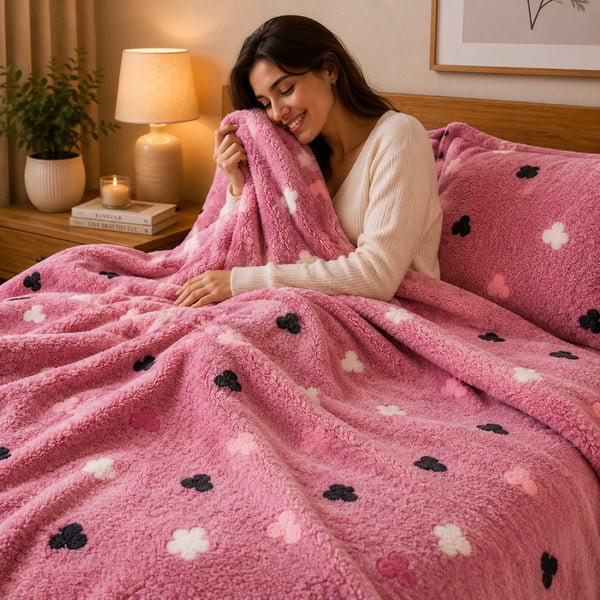 Set de Sábanas Polar Plush Suaves Rosa Corazones + 2 Fundas
