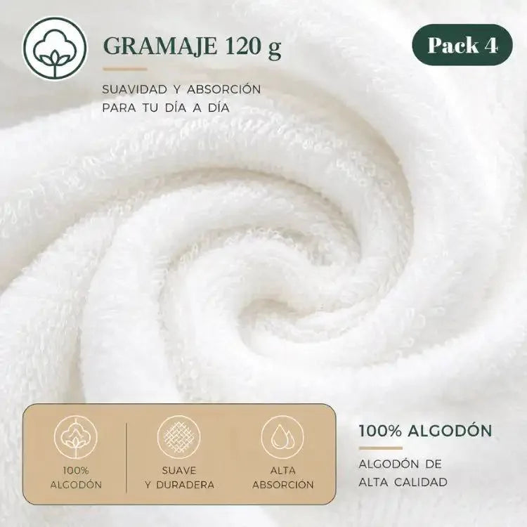 Pack 4 Toalla Blanca Mano Algodon Peluqueria Hotel Spa 35x75 | abf087-b0