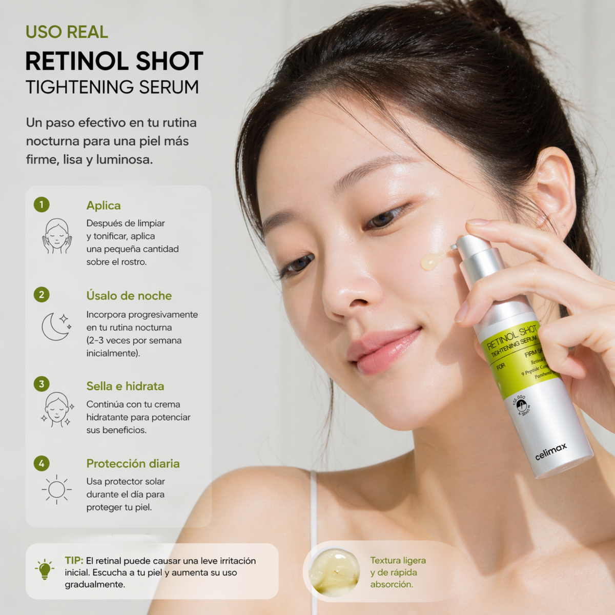 Suero reafirmante coreano CELIMAX THE VITA A RETINOL SHOT, 30 ml, con fórmula para mejorar la firmeza de la piel.