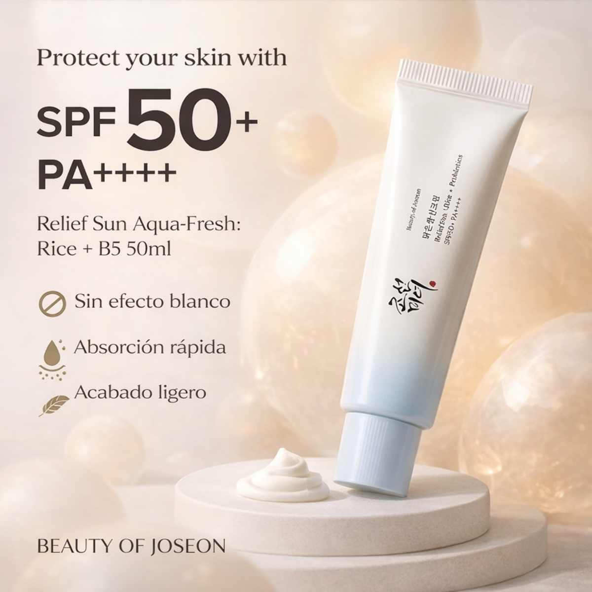 Protector solar coreano Beauty of Joseon Relief Sun Aqua-Fresh con ingredientes de arroz y B5 en envase de 50ml.