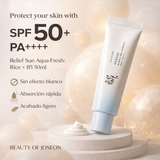 Protector solar coreano Beauty of Joseon Relief Sun Aqua-Fresh con ingredientes de arroz y B5 en envase de 50ml.