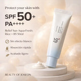 Protector solar coreano Beauty of Joseon Relief Sun Aqua-Fresh con ingredientes de arroz y B5 en envase de 50ml.