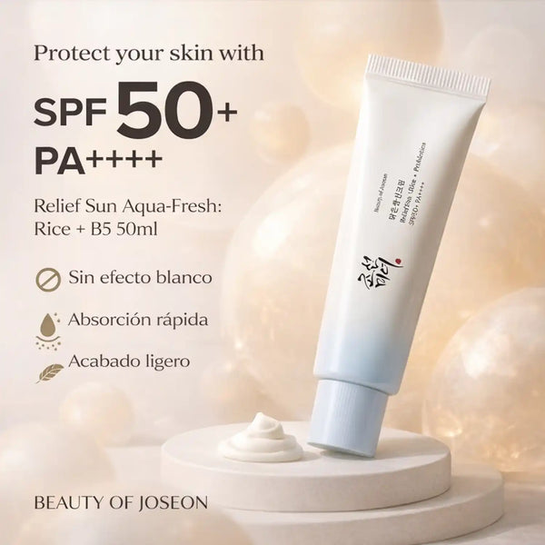 Protector solar coreano Beauty of Joseon Relief Sun Aqua-Fresh con ingredientes de arroz y B5 en envase de 50ml.